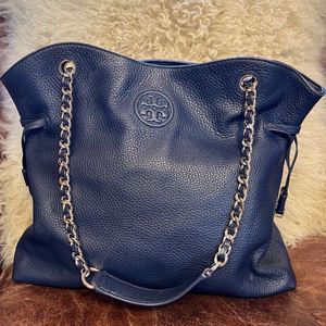 Tory Burch Navy Marion Hudson Leather Slouchy Chain Tote